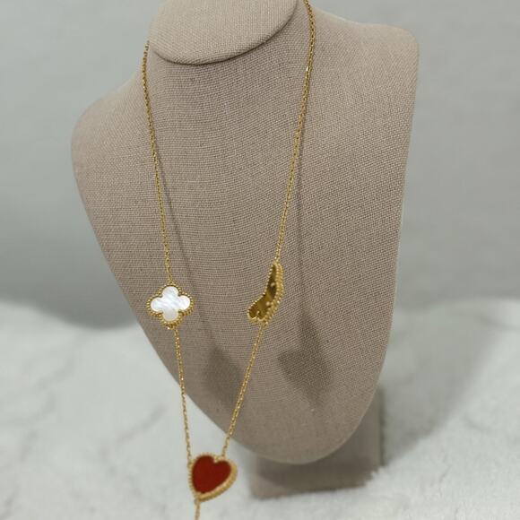 18K Gold Multi-Charm Necklace Clover, Heart, Butterfly & Leaf  (item #181) - Picture 4 of 7